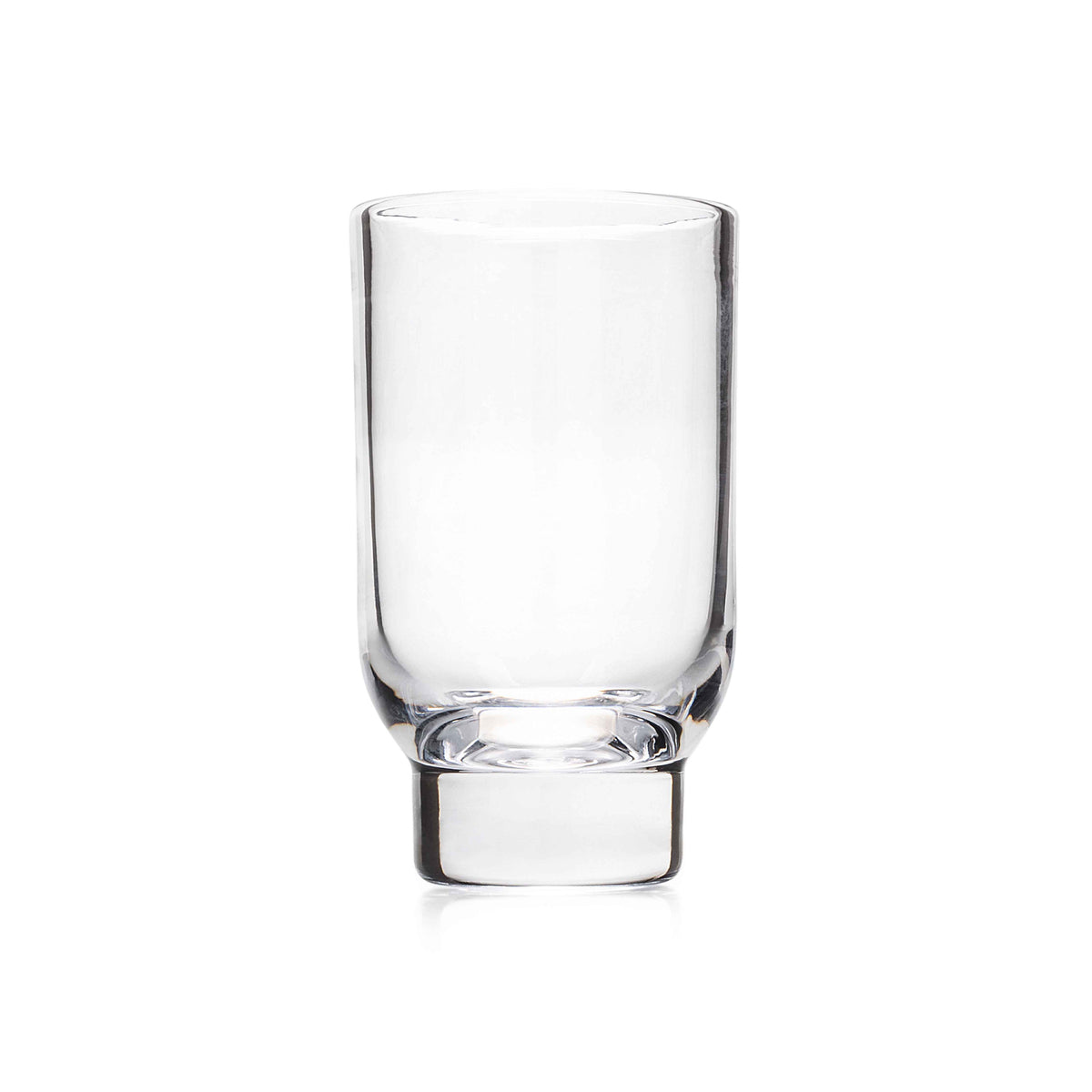 Clear glass tumbler with straight sides and weighted base.