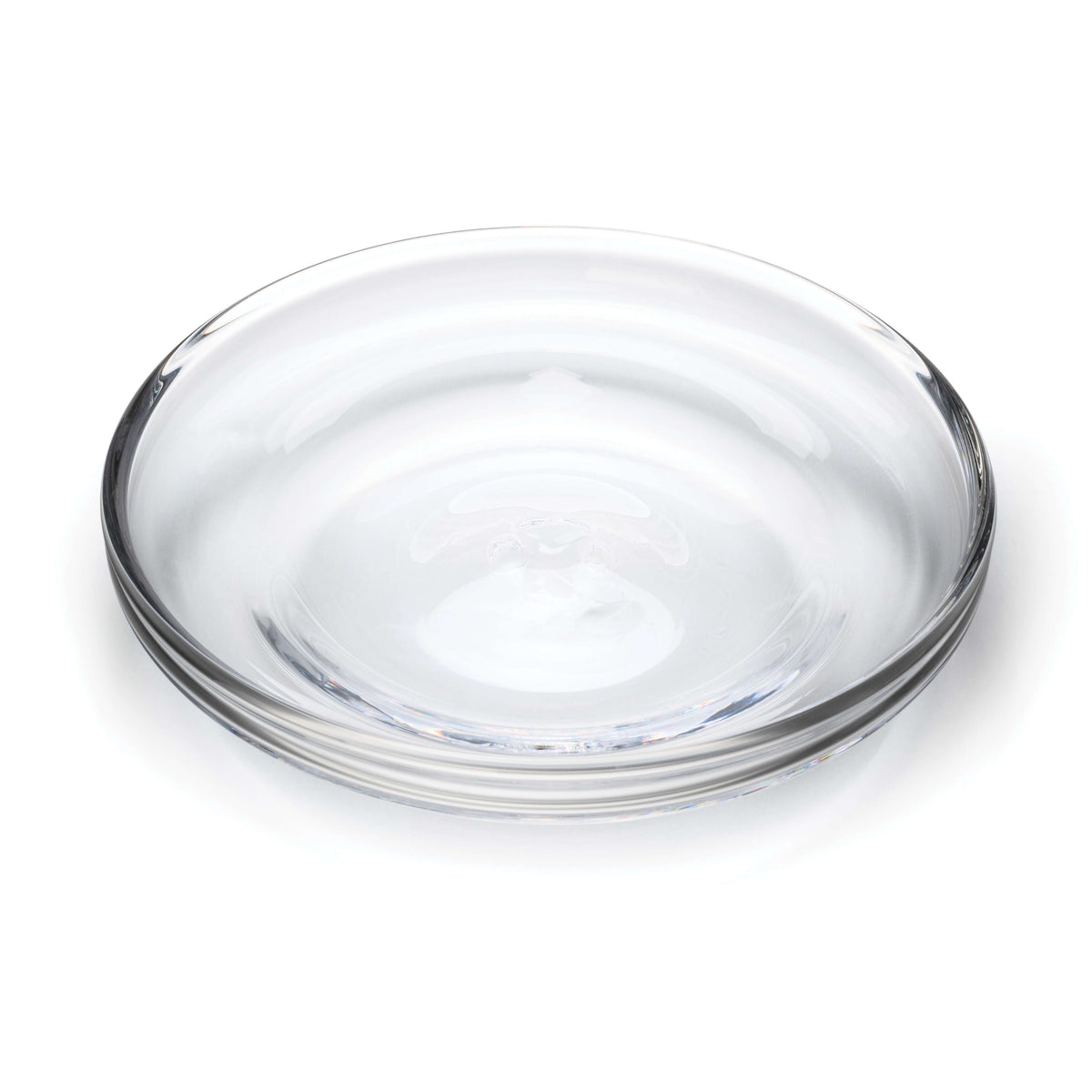 Clear glass circular platter with shallow rim and concentric ring pattern on interior surface.