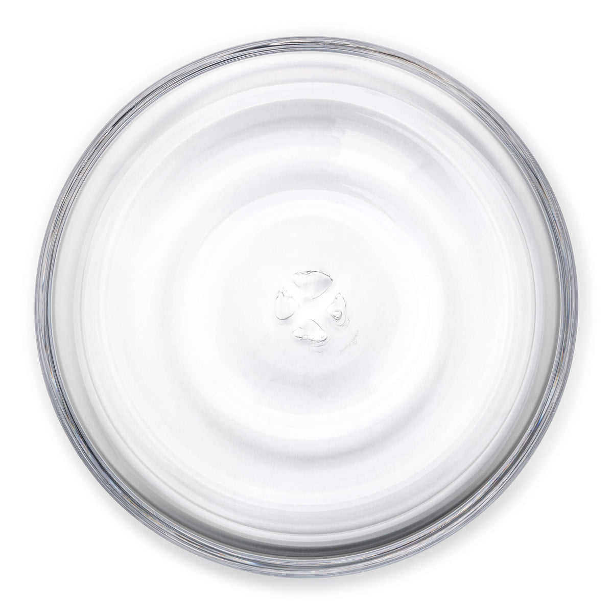 Large white platter with concentric circular ridges and gray rim, shown from above.