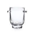 Clear glass ice bucket with two molded handles on sides and curved rim.