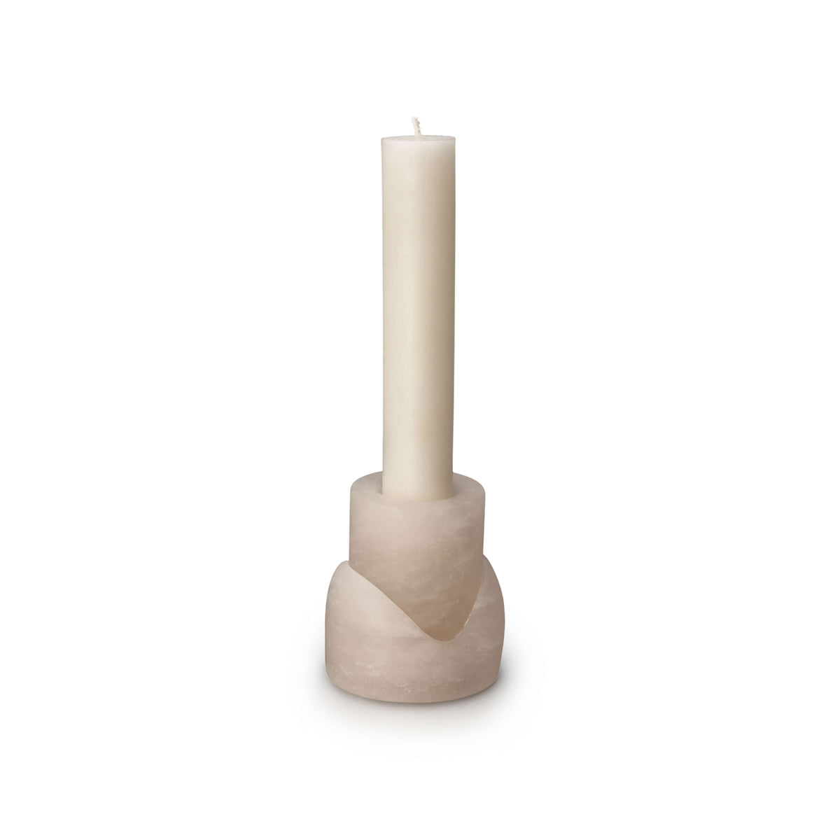 Cream-colored candle holder with cylindrical base holding a tall taper candle and shallow tealight cup.