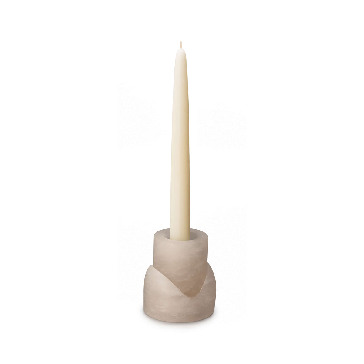 Beige concrete candle holder with taper candle inserted in top opening and tealight cup on lower section.