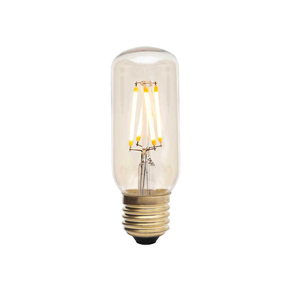 Clear tubular LED bulb with warm-toned filament strands and brass screw base.