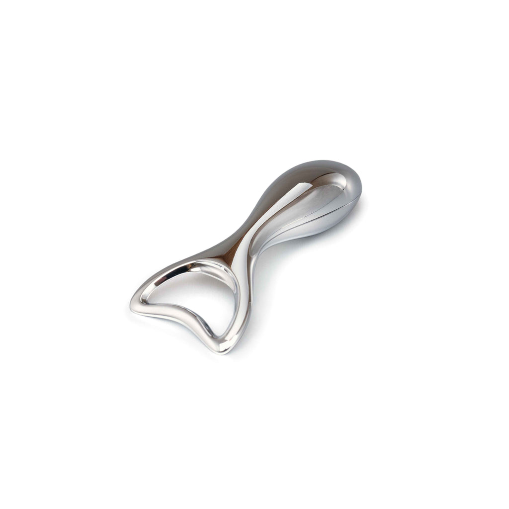 Chrome bottle opener with curved handle and cap-lifting slot.
