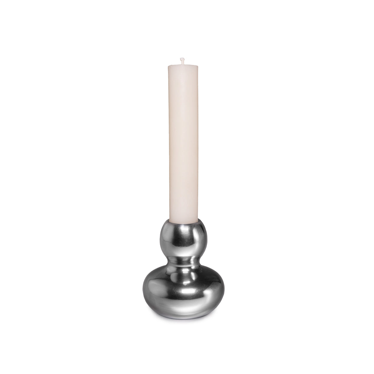 Silver aluminum candlestick with rounded base holding a cream pillar candle.