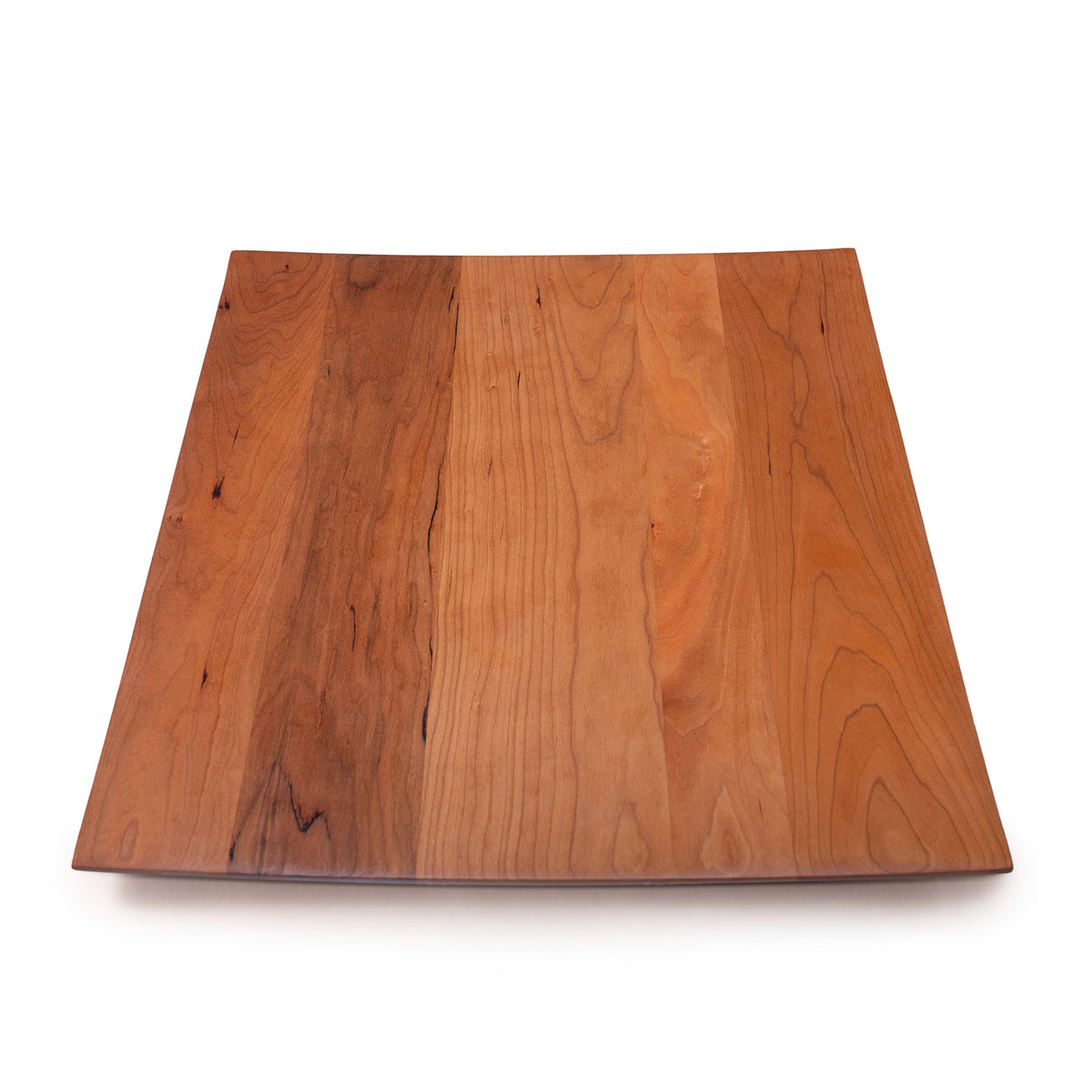 Square cherry wood serving platter with natural grain and slight knots visible throughout.