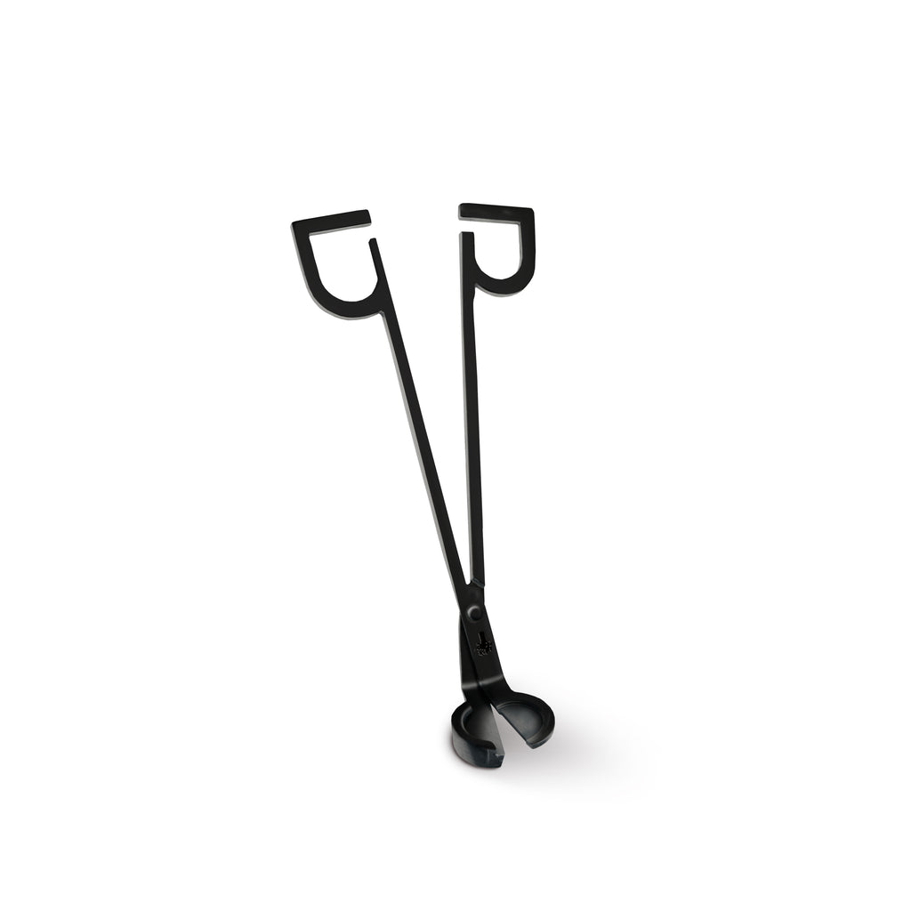 Black metal wick trimmer with two curved cutting heads and long handle.