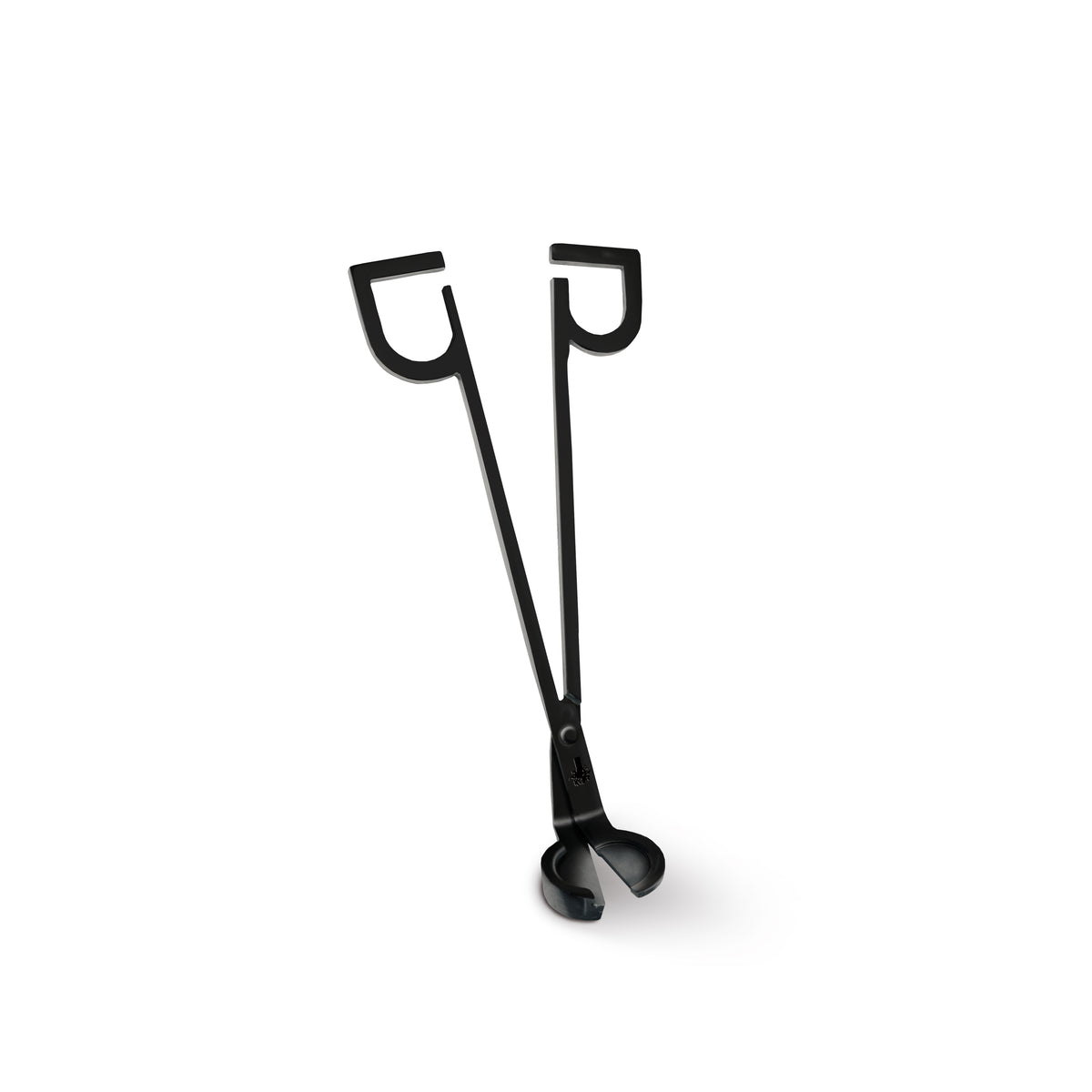 Black metal wick trimmer with two curved cutting heads and long handle.