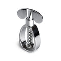 Stainless steel nutcracker with curved lever handles and central screw mechanism.
