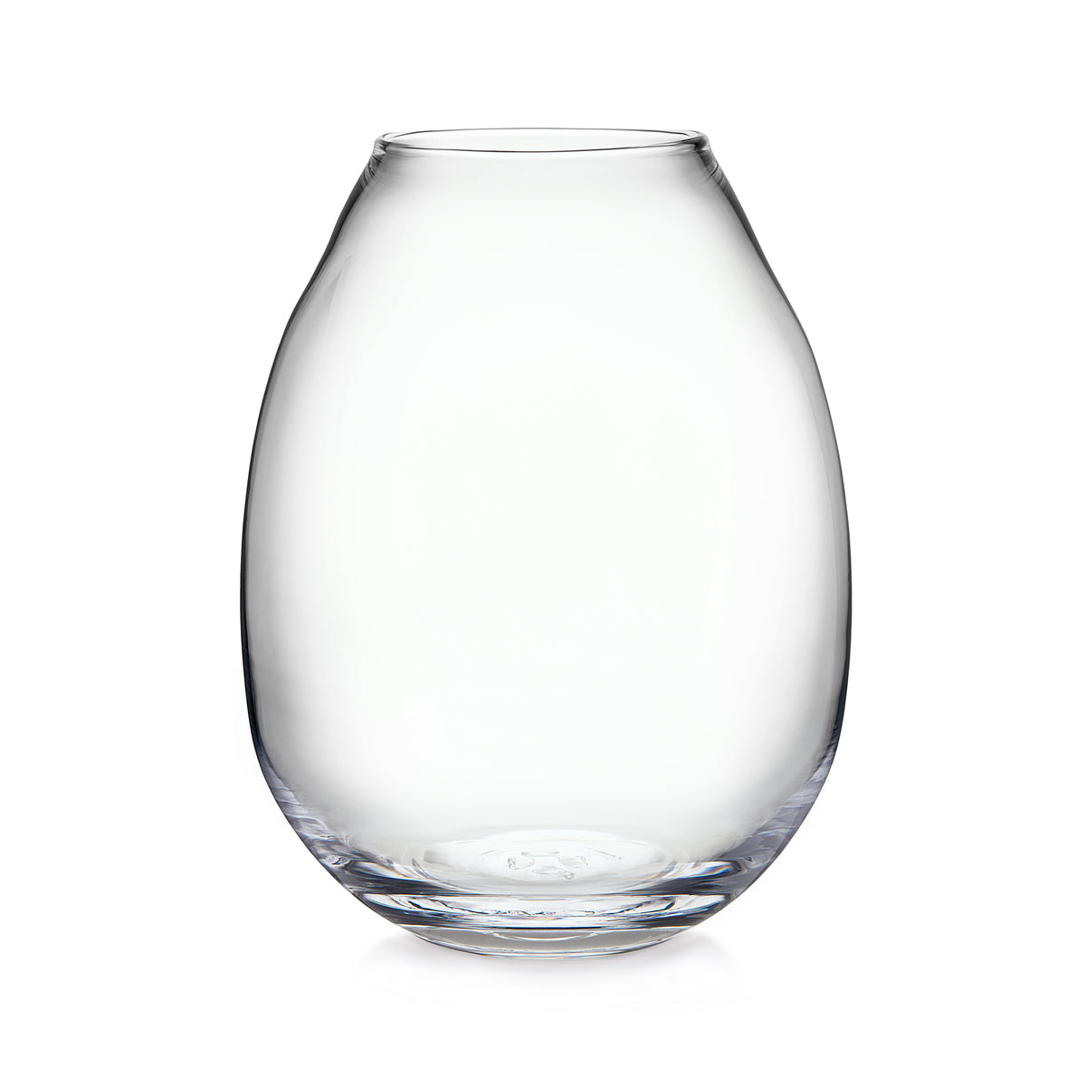 Clear glass vase with tapered oval shape and rounded bottom.