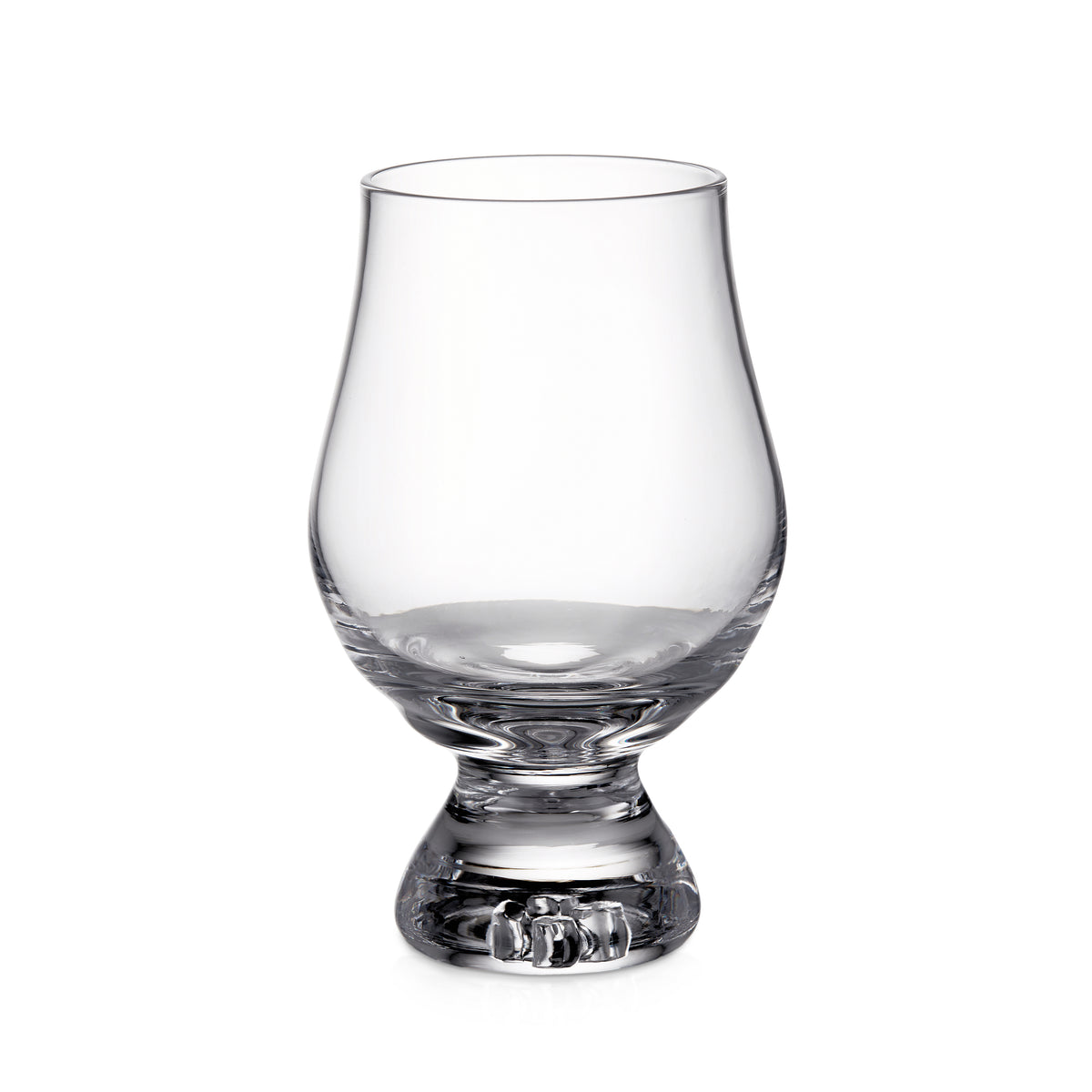 Clear glass tasting glass with tapered bowl and textured pedestal base.