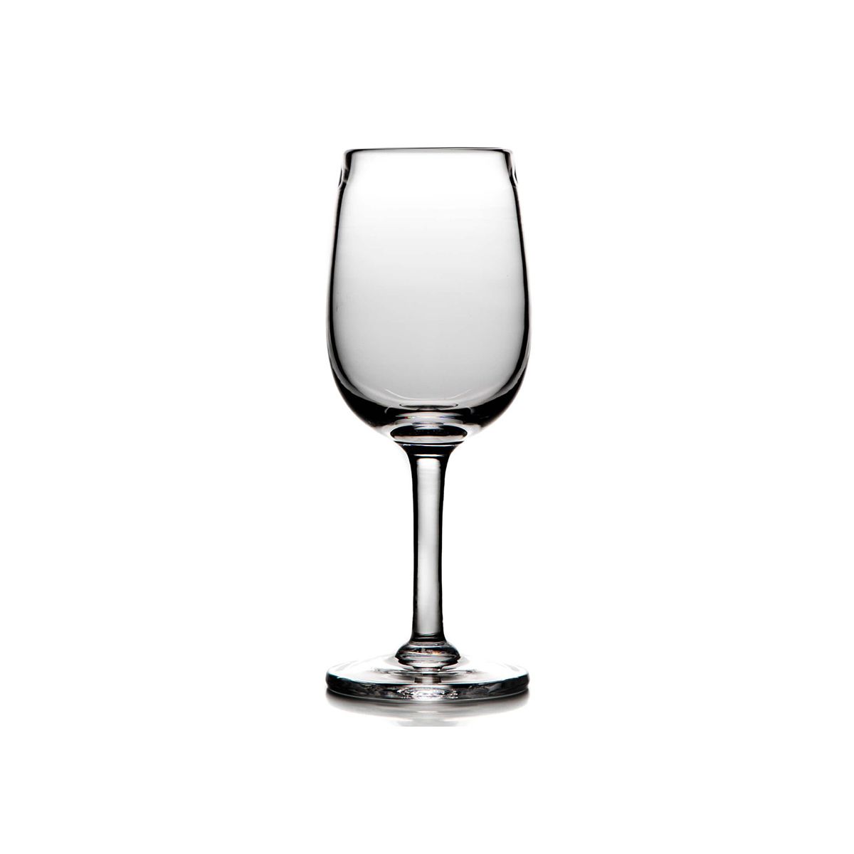 Empty wine glass with clear bowl, thin stem, and round base on white background.