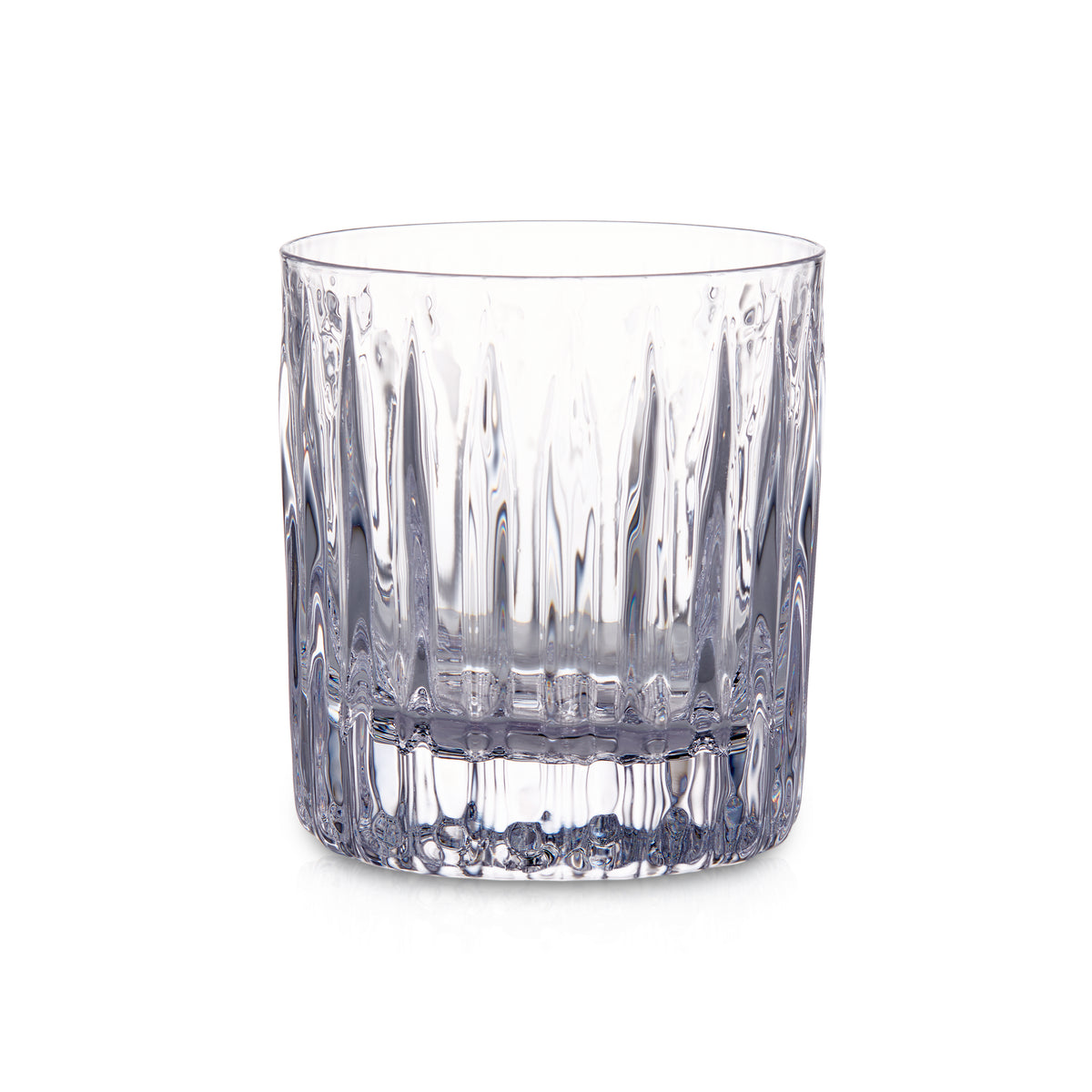 Clear double old-fashioned glass with vertical cut crystal pattern around the sides.