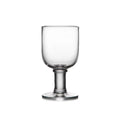 Clear glass goblet with rounded bowl, cylindrical stem, and circular base.