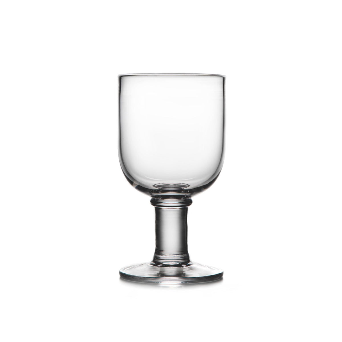 Clear glass goblet with rounded bowl, cylindrical stem, and circular base.