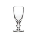 Clear glass wine goblet with rounded bowl, decorative stem featuring a spherical detail, and wide circular base.