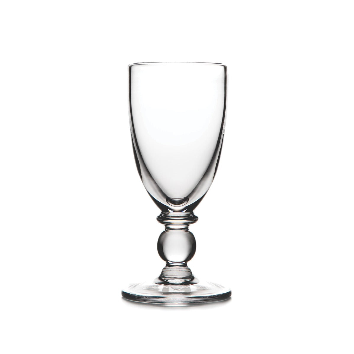 Clear glass wine goblet with rounded bowl, decorative stem featuring a spherical detail, and wide circular base.