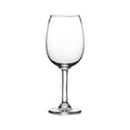 Empty clear wine glass with rounded bowl and stem on white background.