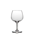 Clear glass wine glass with rounded bowl, thin stem, and circular base.