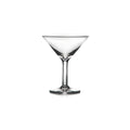 Empty martini glass with wide bowl, thin stem, and round base.