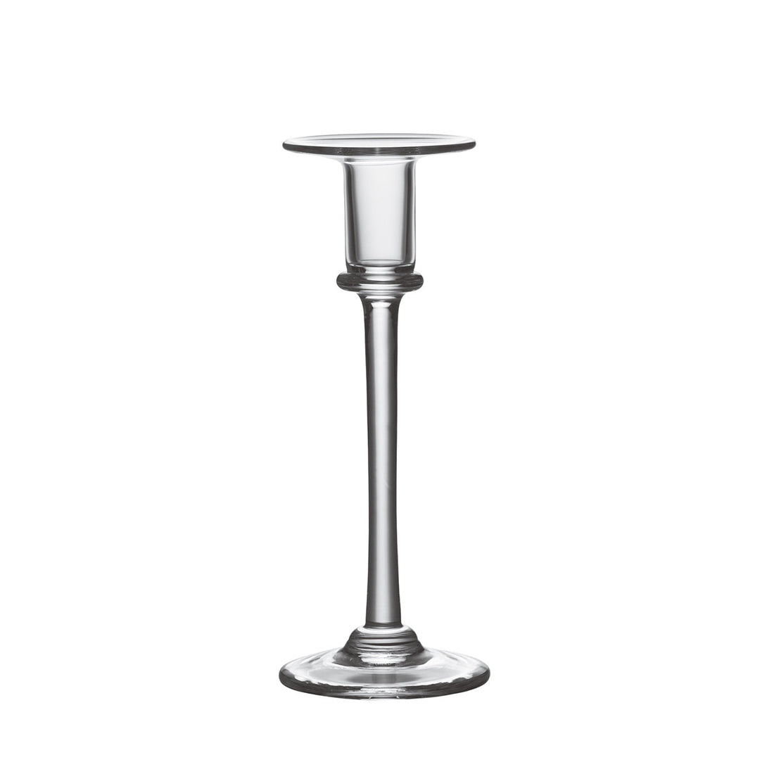 Clear glass candlestick with tapered stem, circular base, and wide candle cup with rim.