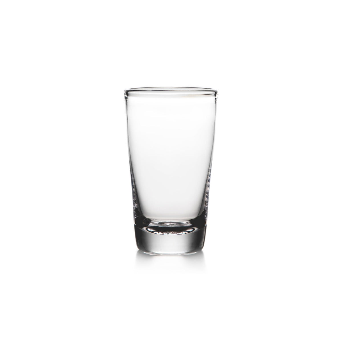 Clear glass pint glass with thick base and straight sides.