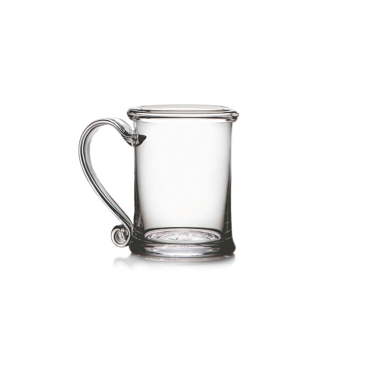 Clear glass tankard with curved handle and rounded rim.