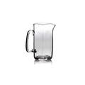 Clear glass pitcher with curved handle and tapered pouring spout.