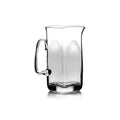 Clear glass pitcher with curved handle and tapered rectangular body.