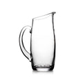 Clear glass pitcher with curved handle and tapered spout.