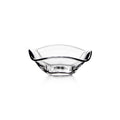 Clear glass bowl with curved sides and two black handles on opposite sides.