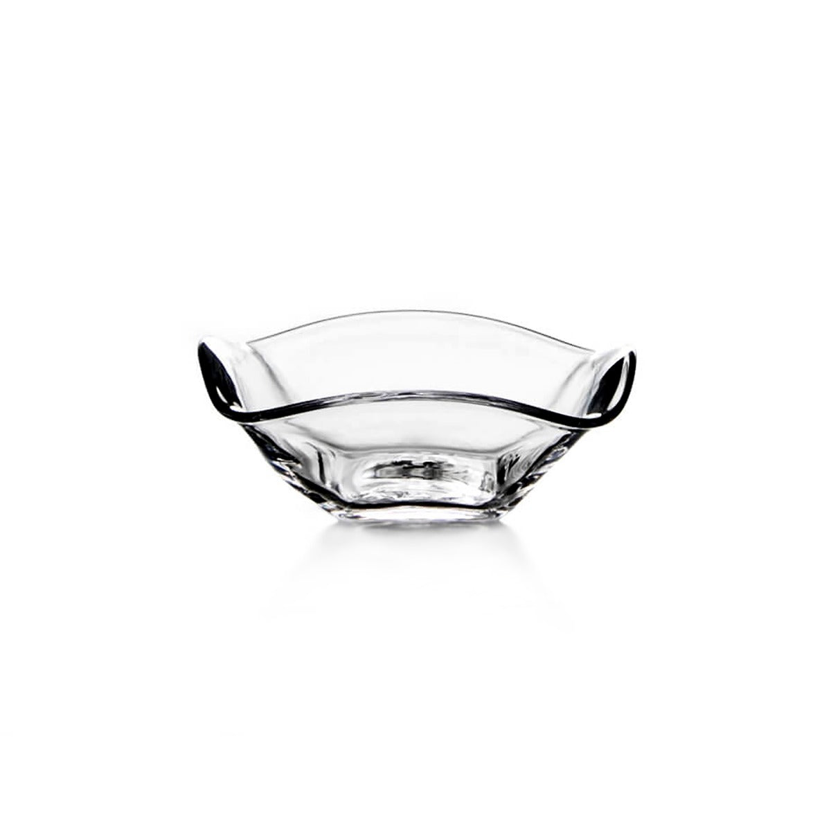 Clear glass bowl with curved sides and two black handles on opposite sides.
