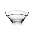 Clear glass bowl with curved sides and two black handles on opposite ends.