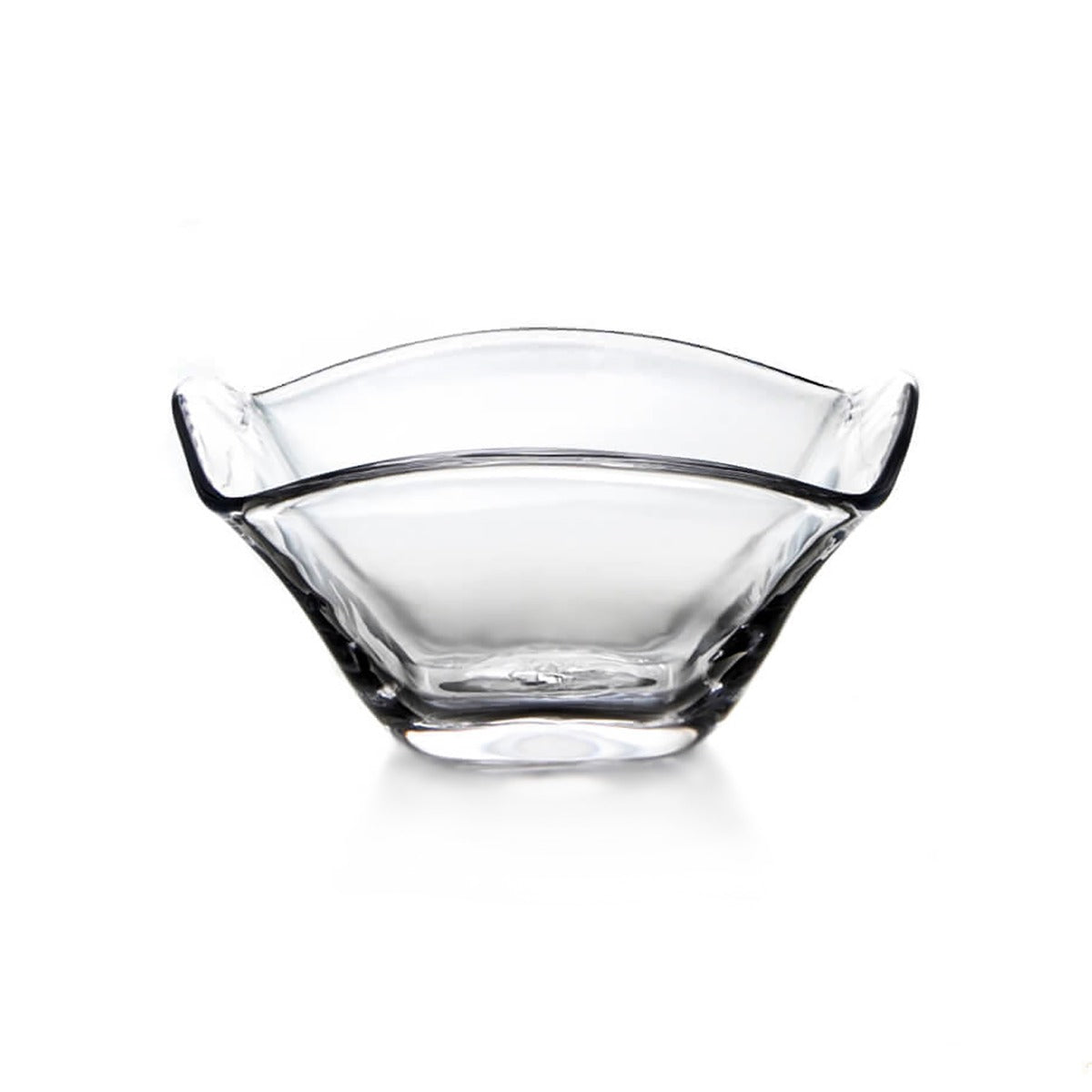 Clear glass bowl with curved sides and two handles positioned on opposite sides.