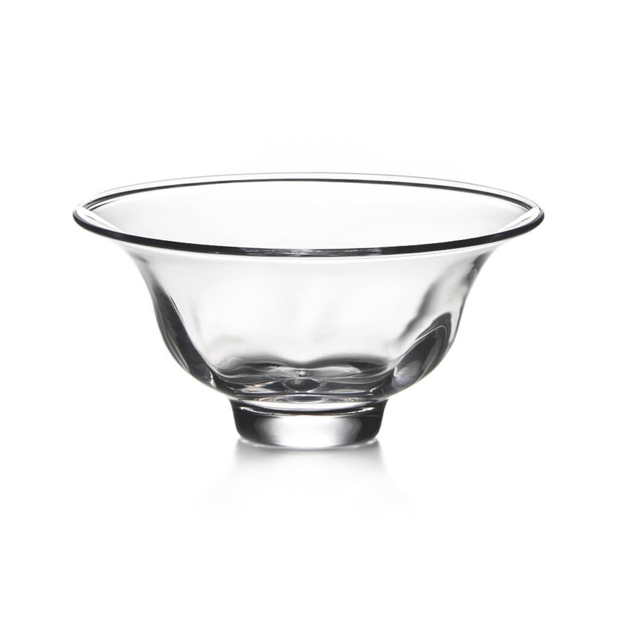 Clear glass bowl with wide rim and pedestal base.