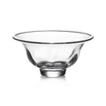 Clear glass bowl with wide rim and rounded base, featuring a dark band accent along the top edge.