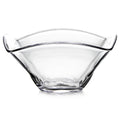 Clear glass bowl with curved sides and two angled handles on rim.