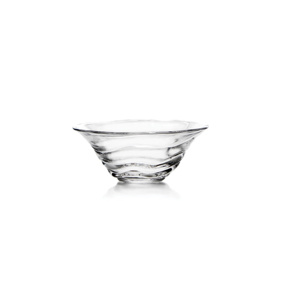 Clear glass bowl with wide flared rim and horizontal ribbed texture on the sides.