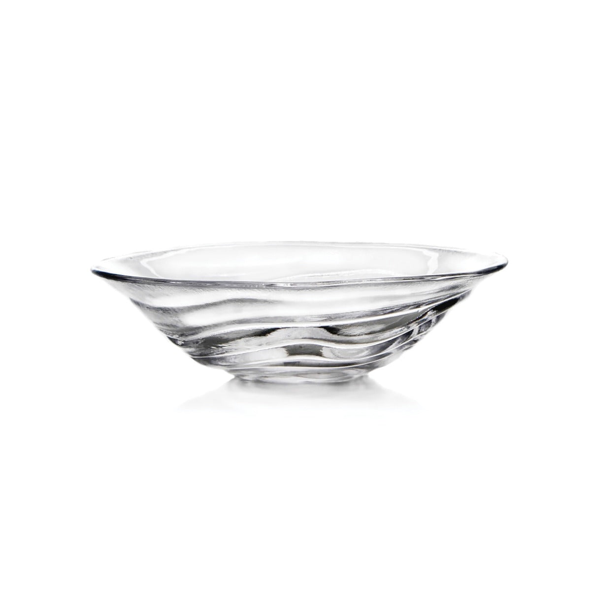 Clear glass bowl with wide, shallow curved sides and textured surface detail.