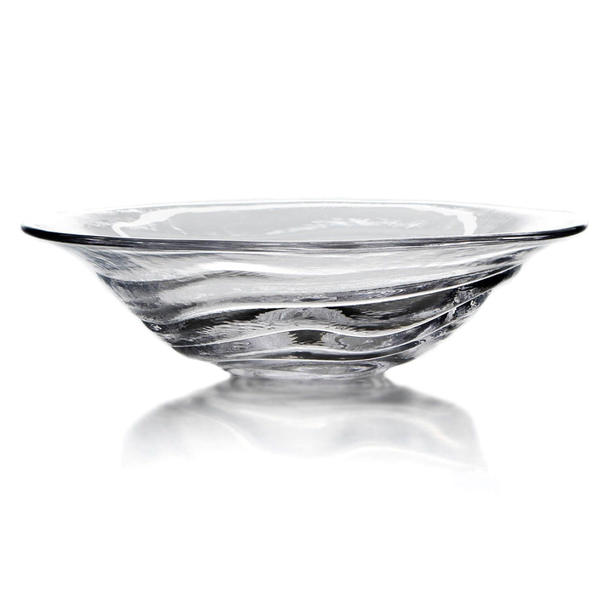 Clear glass bowl with swirled dark gray and black striations throughout the body and wide flared rim.