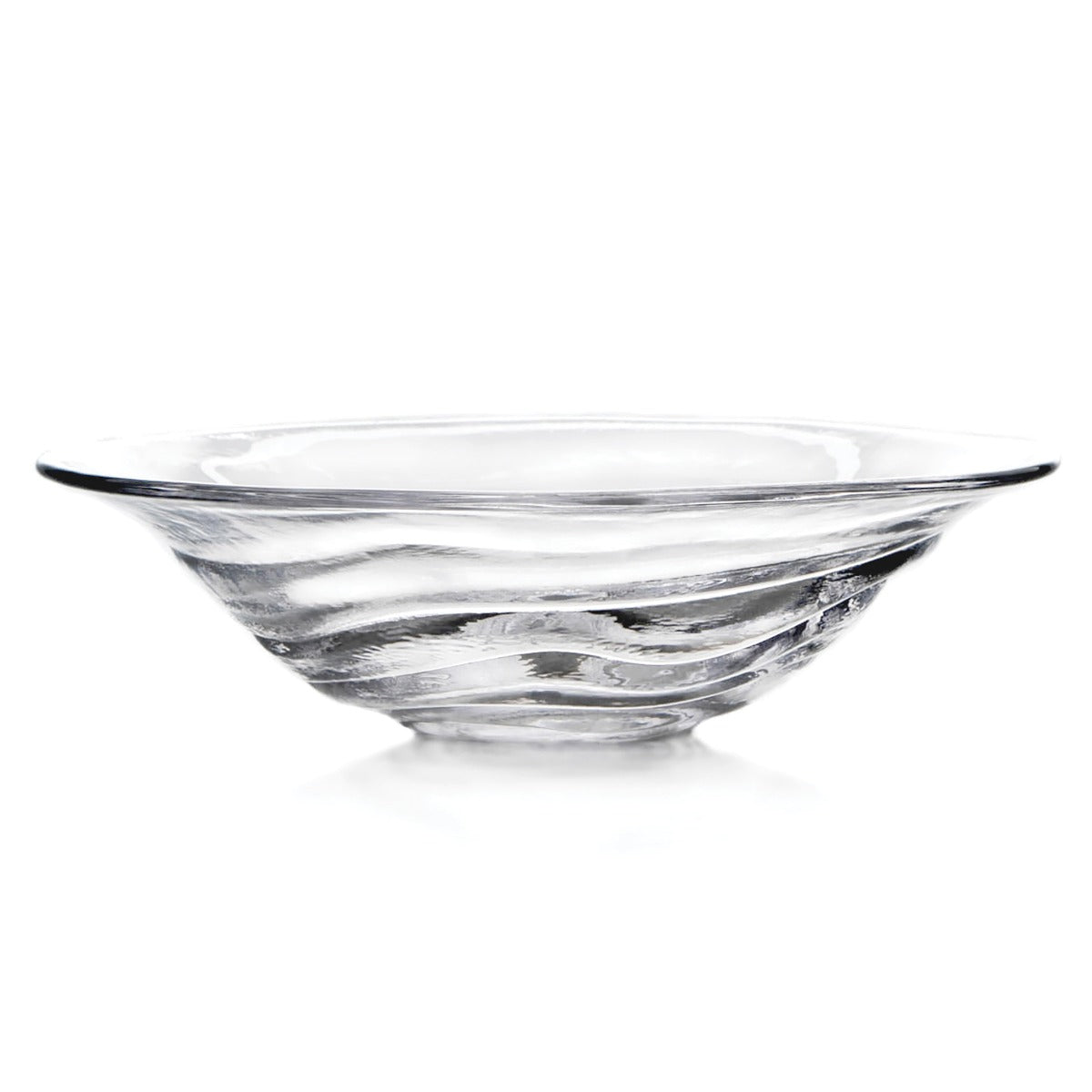 Clear glass bowl with wide shallow form and swirled pattern detail throughout.