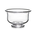 Clear glass bowl with wide rim and pedestal base.