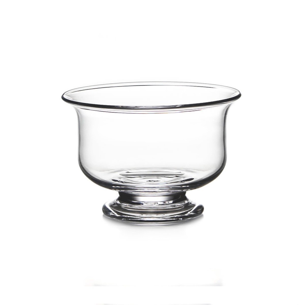 Clear glass bowl with wide rim and pedestal base.