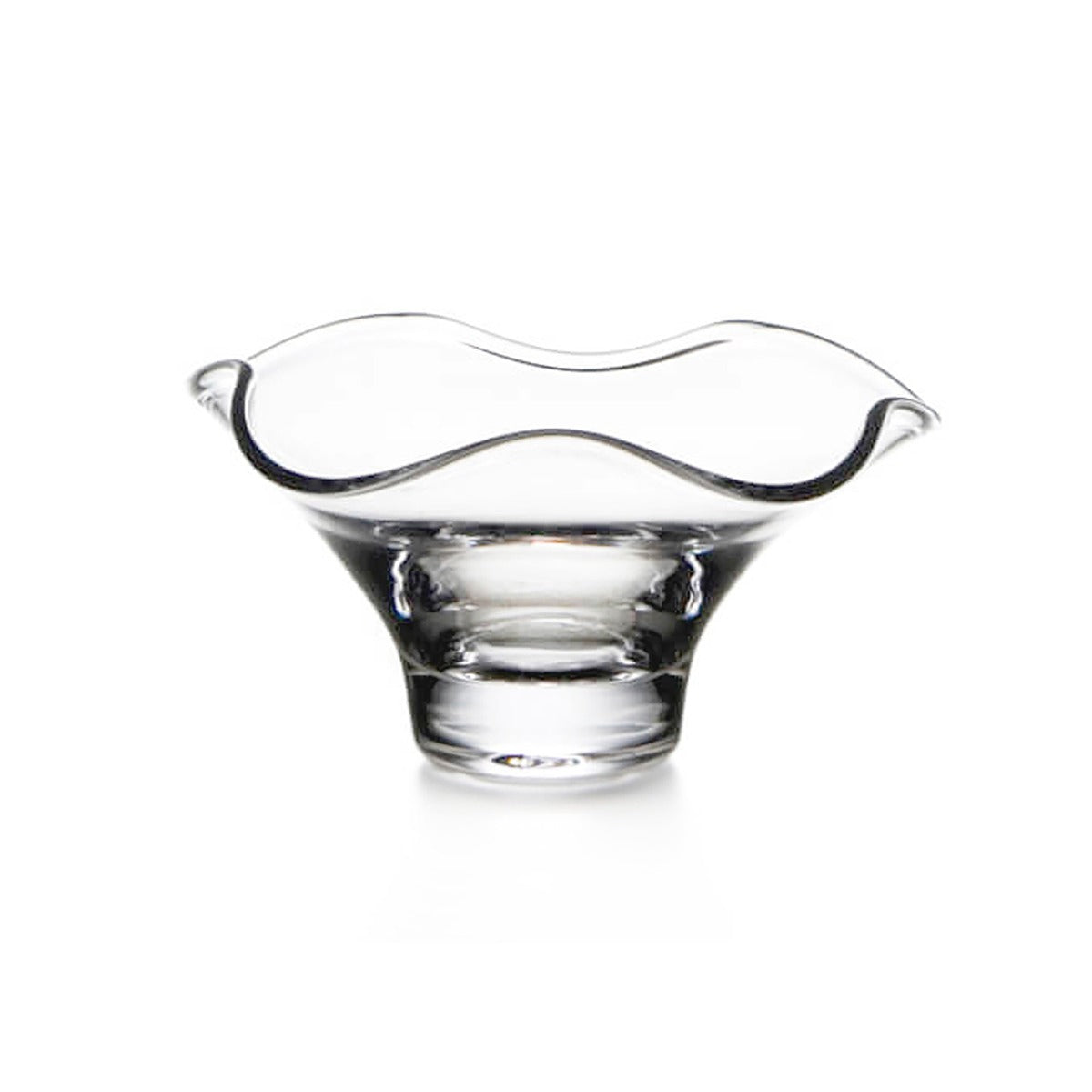 Clear glass bowl with wavy fluted rim and pedestal base.