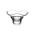 Clear glass bowl with wavy, ruffled rim and tapered cylindrical base.