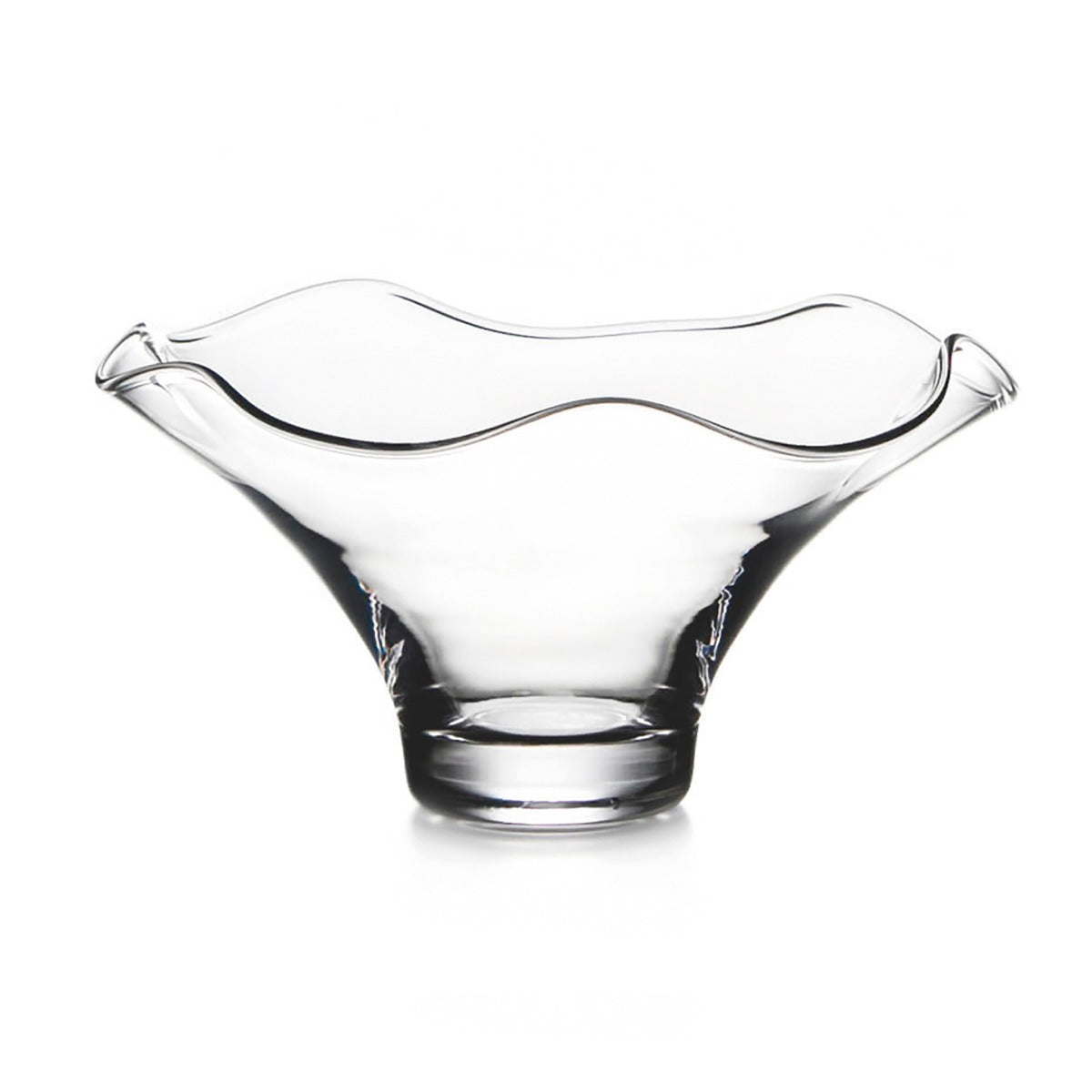 Clear glass bowl with wavy rim and pedestal base.
