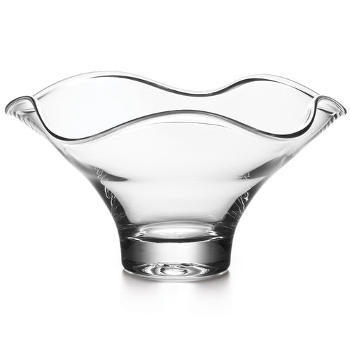 Clear glass bowl with wavy rim and handles, wide opening tapering to narrow base.