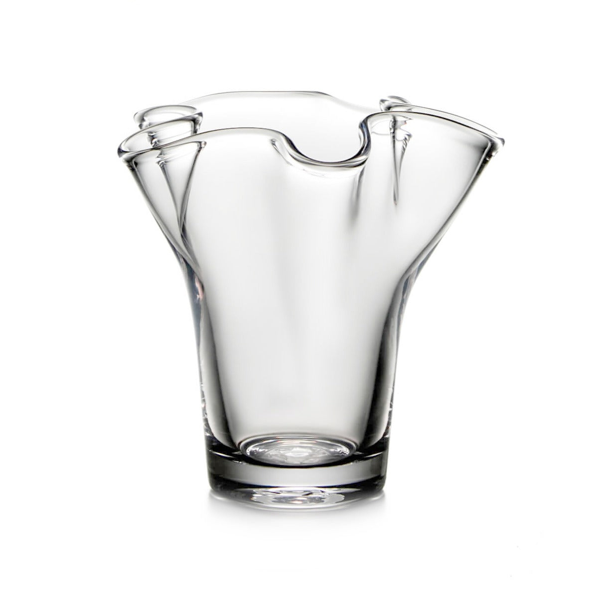 Clear glass vase with fluted sides and wavy rim opening.