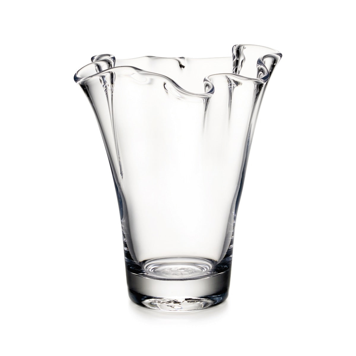 Clear glass vase with wavy rim and four curved handles extending from the top.
