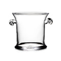 Clear glass ice bucket with decorative scrolled handles on each side and a thick base.